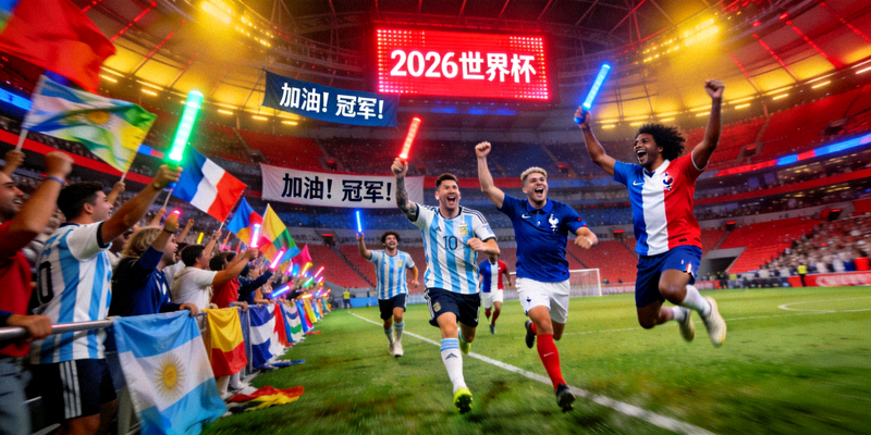 2026年世界杯比赛现场，球迷热烈欢呼场景