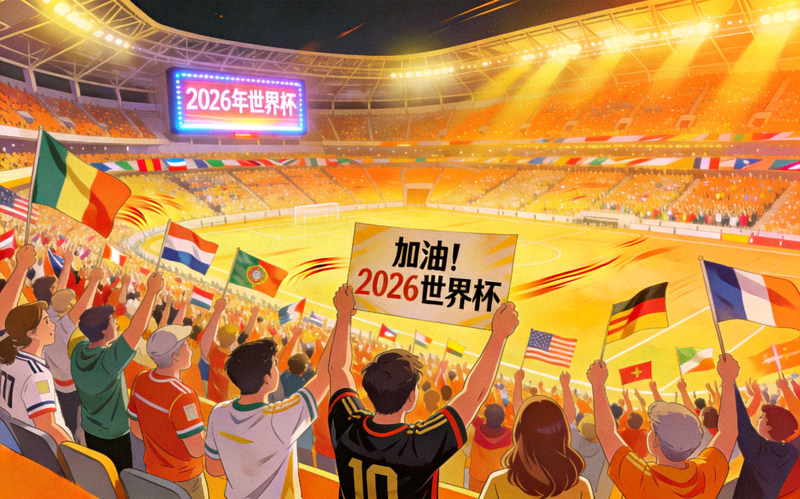 2026年世界杯官方宣传图，展示球场与球迷热烈氛围